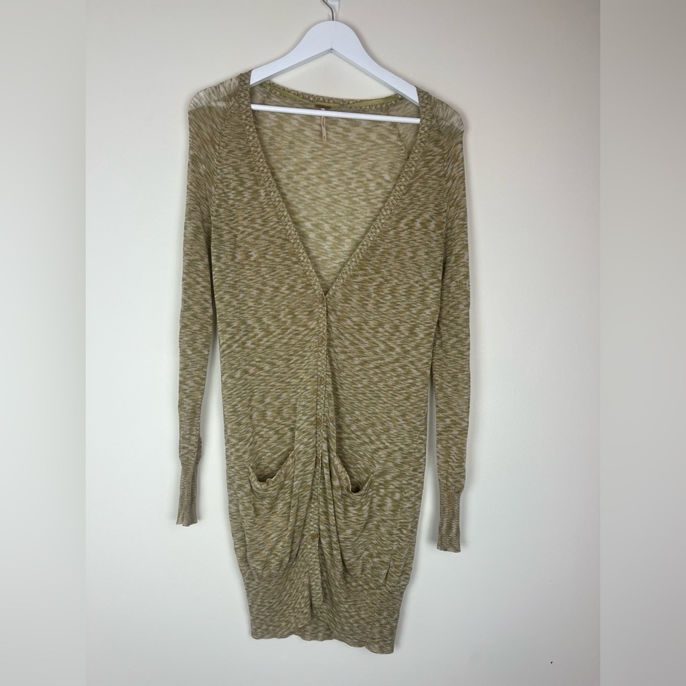 FREE PEOPLE Green Space Dye Mesh Semi Sheer Long Line Cardigan size Medium